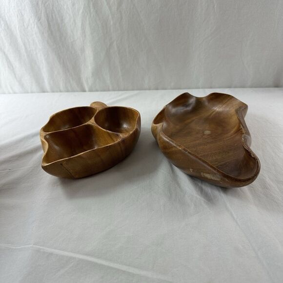 2 Vtg House Of Monkey Pod Wood Dishes Divided Leaf Bowl & Abstract Bowl Hawaii - Picture 6 of 15